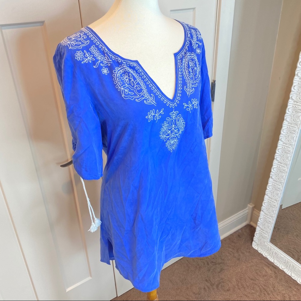 BANANA REPUBLIC Blue Silk Embroidered Three Quarter 3/4 Sleeve Tunic Blouse - Picture 2 of 8